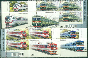 Украина, 2011, Локомотивы (VII), Железная дорога, 4 квартблоки с купонами